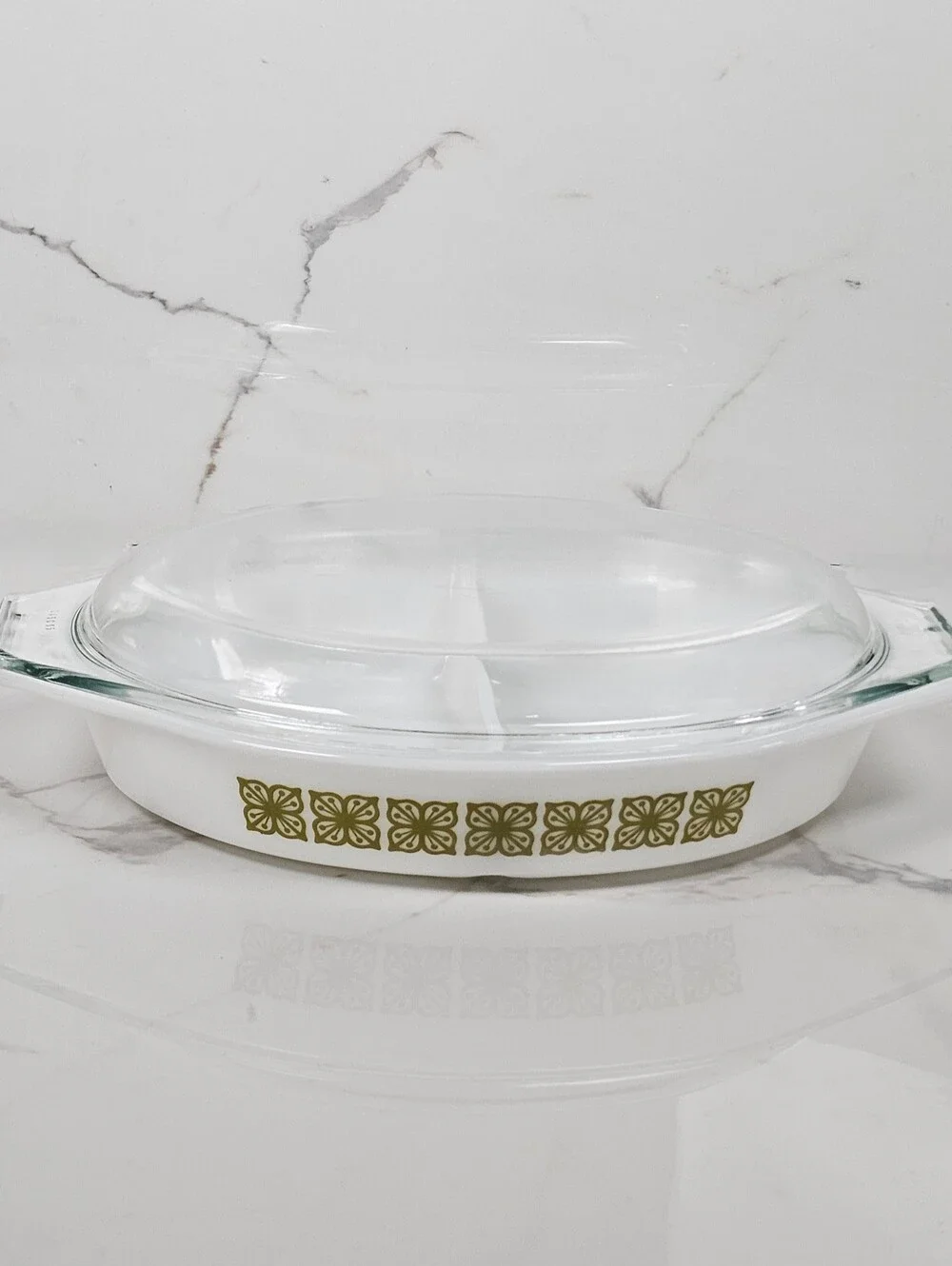 Vintage Pyrex Verde Olive Green Floral Divided Casserole Dish 1.5 Qt with Glass